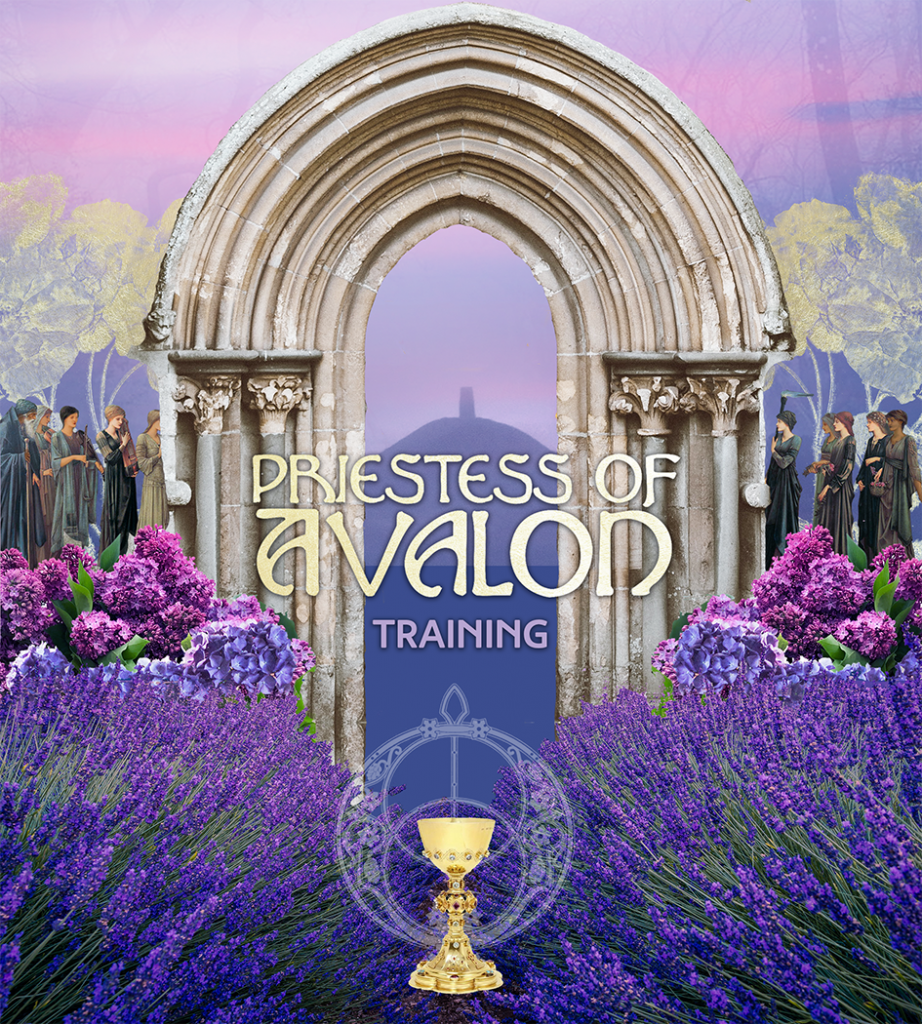 Priestess of Avalon Training - a marble arch over a shining grail invites you to step throughfields of lavender to the Glastonbury Tor framed within.