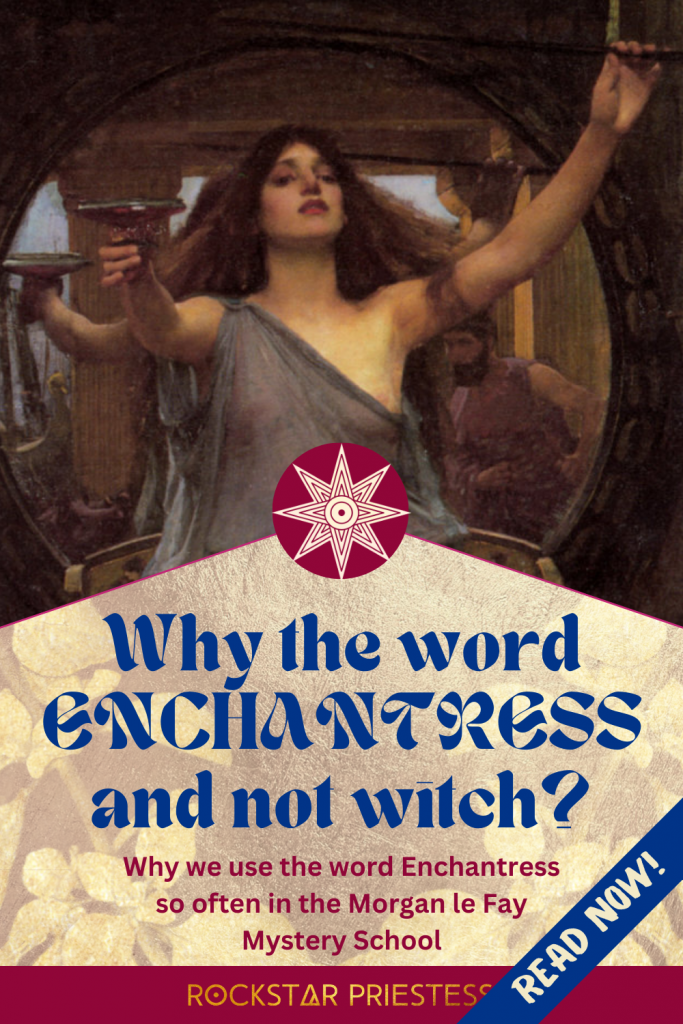 Magical woman Circe offering a cup with the text "Why the word Enchantress and not witch?"