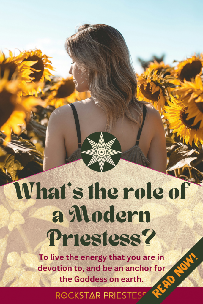 Decorative - Photo of white woman in sunny sunflower field by Guilherme Stecanella on Unsplash - "What is the role of a Modern Priestess?"