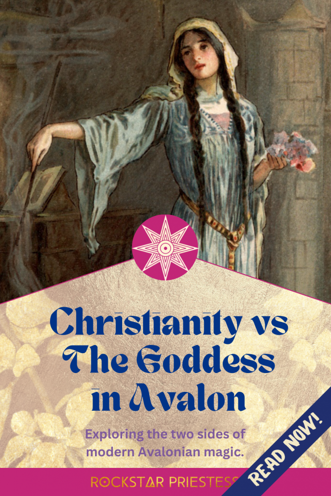 Title image: Christianity vs the Goddess in Avalon with illustration of a young Morgan le Fay learning magic in a nunnery.