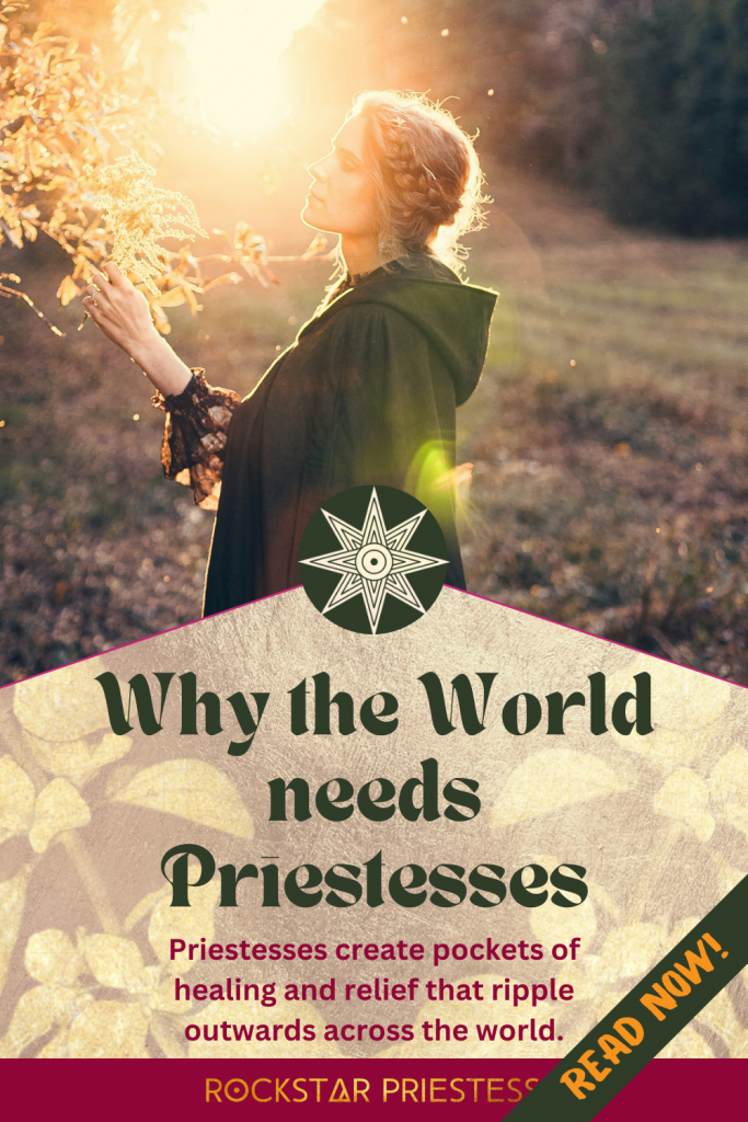 Cover image - blonde, white woman in green cloak touches a tree tenderly, sunlight making them both glow, with title text overlaid: Why the world needs Priestesses. Photo by Timothy C Dykes on Unsplash 